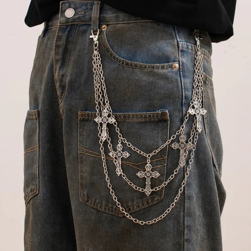 Triple cadena de pantalón con cruces