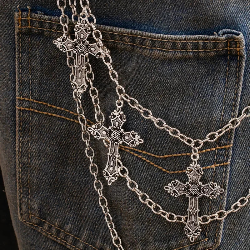 Triple cadena de pantalón con cruces