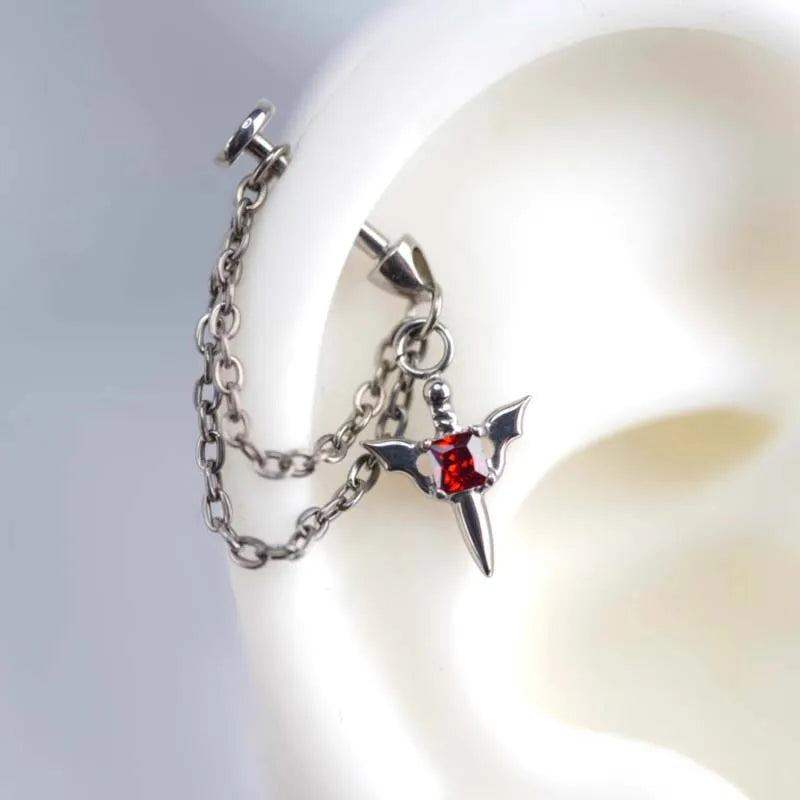 Pendiente Piercing de cadena de ala de circón rojo