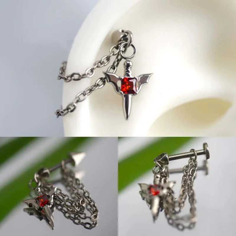 Pendiente Piercing de cadena de ala de circón rojo